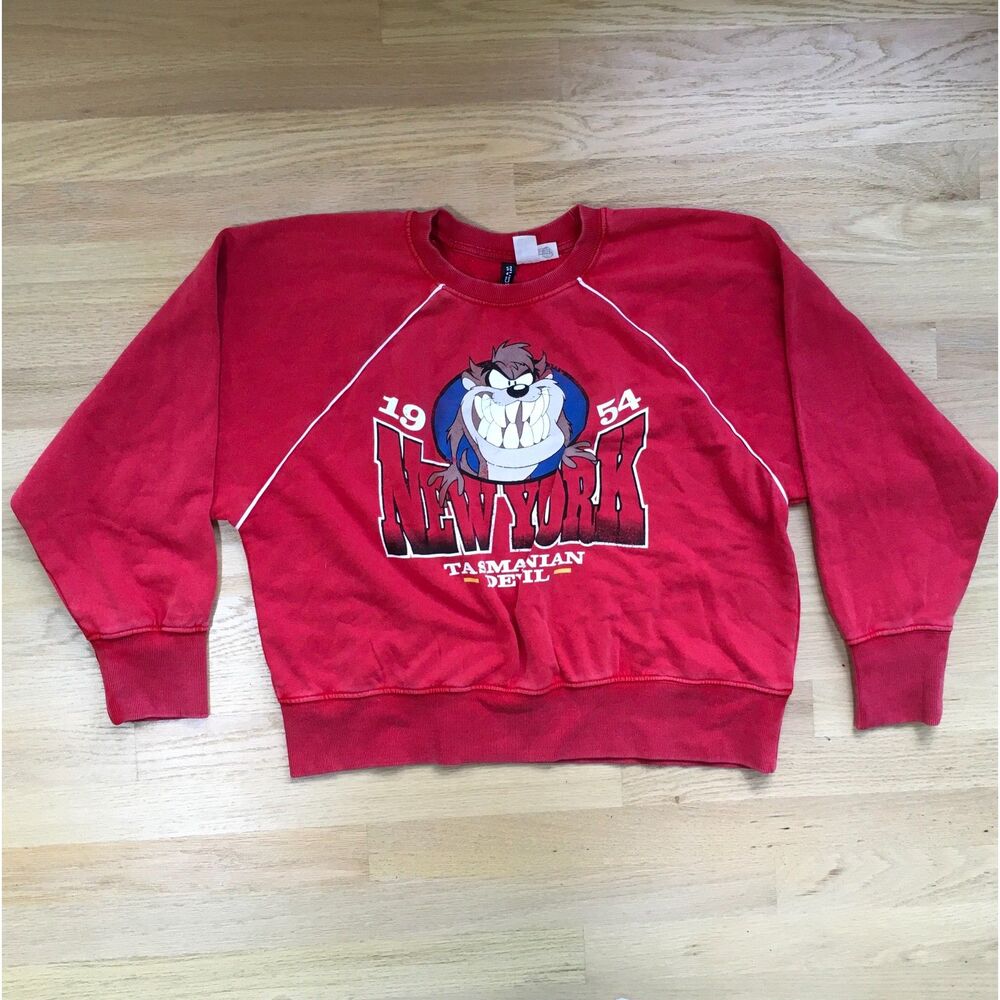 Looney Tunes Taz Sweatshirt Womens XS Red New York Cropped H&M NWT Graphic
